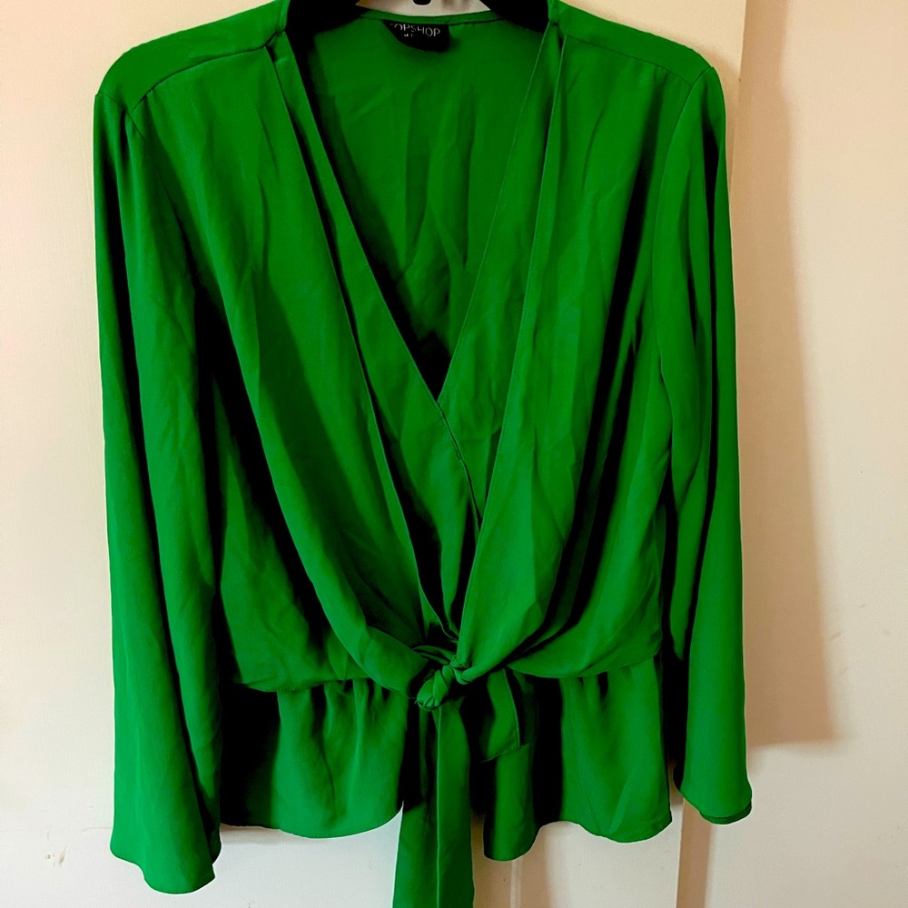Kelley, green, top shop, size 12, long sleeve, tie waist, flutter, elastic waist